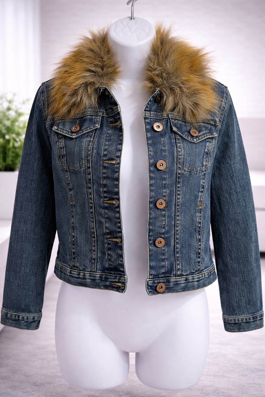 Style & Co Petite Denim Jacket Removable Fur Collar Small Blue Jean Button Front